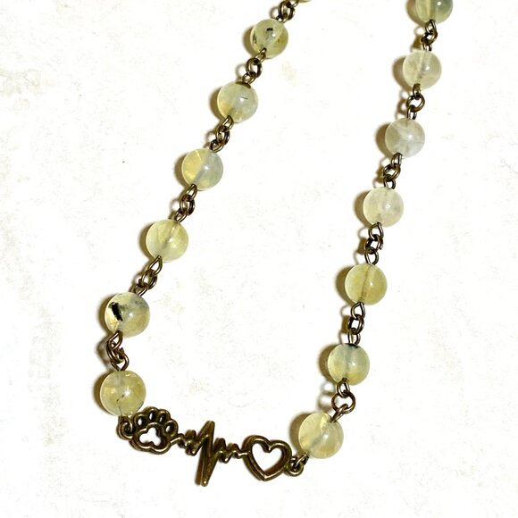 Natural Prehnite Necklace, Bronze Paw Print Heart Beat + Genuine Gemstone - Picture 6 of 16